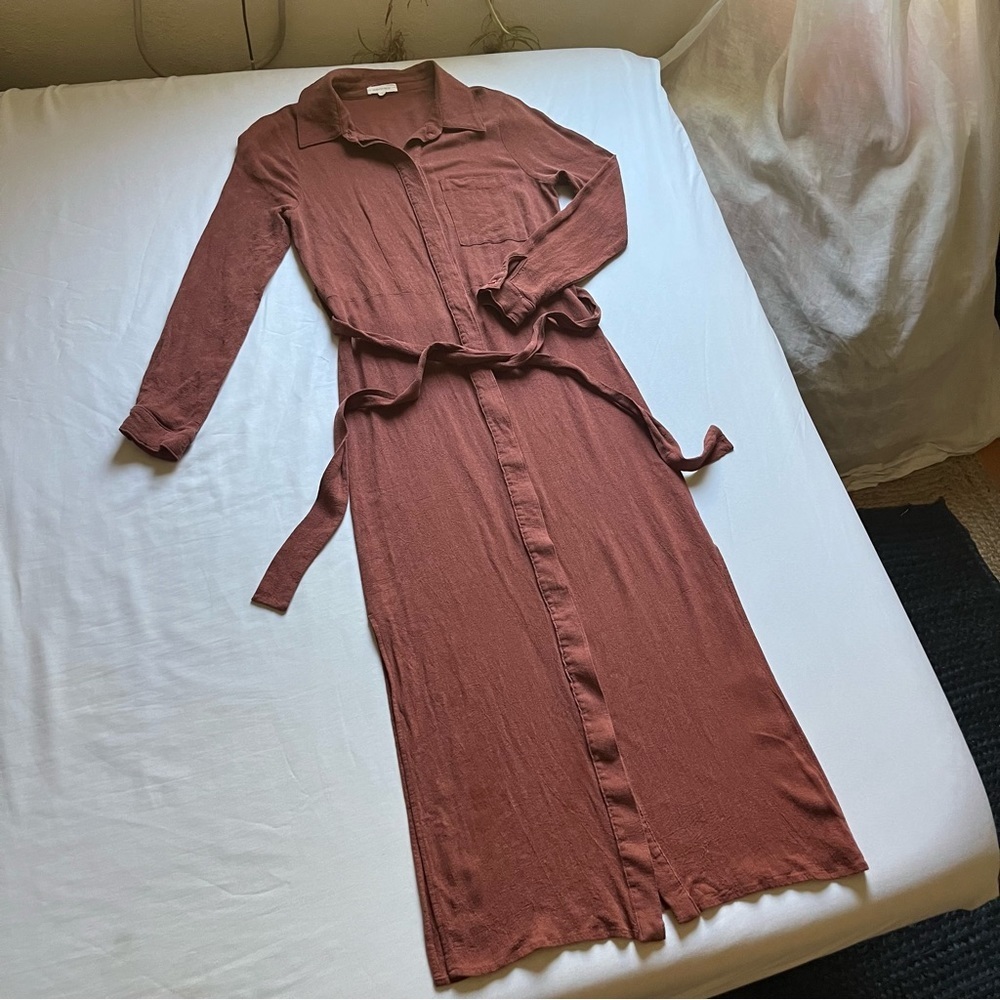 WHIMSY + ROW rust red orange button up belted long sleeve midi shirt dress